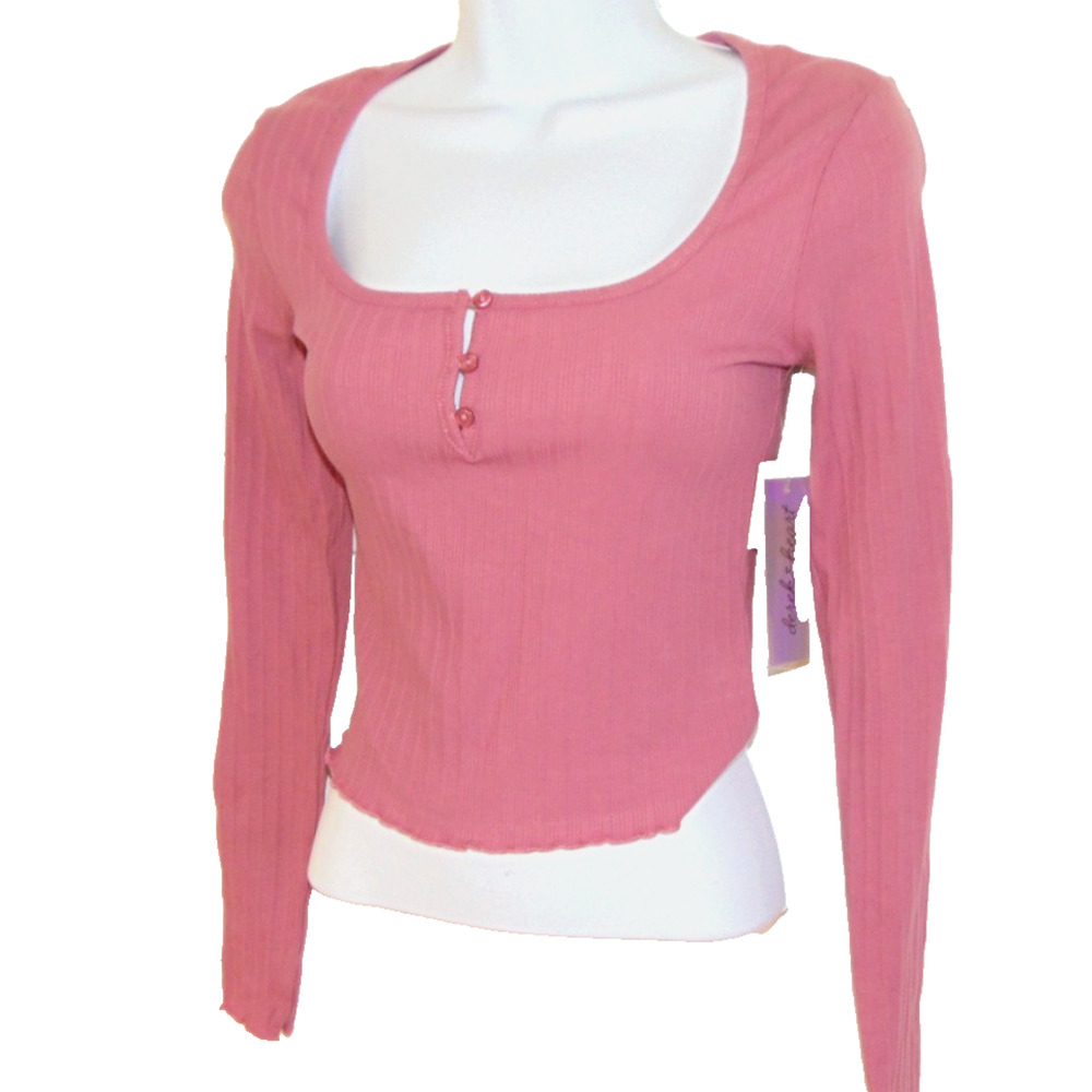 Derek Heart Juniors M Mauve Ribbed Crop Long Sleeve Henley Lettuce Hem NWT
